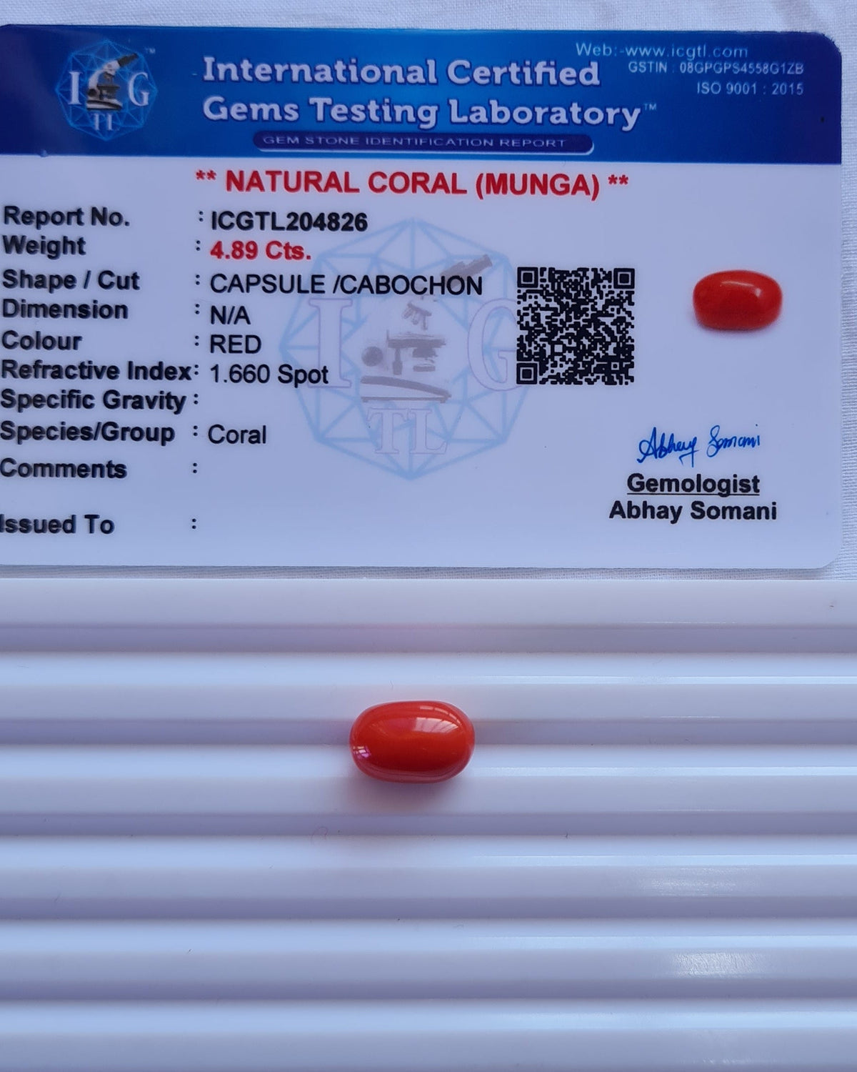 Natural Coral ( मूंगा ) —  ratti 5.33, Untreated, Unheated | RC-4826