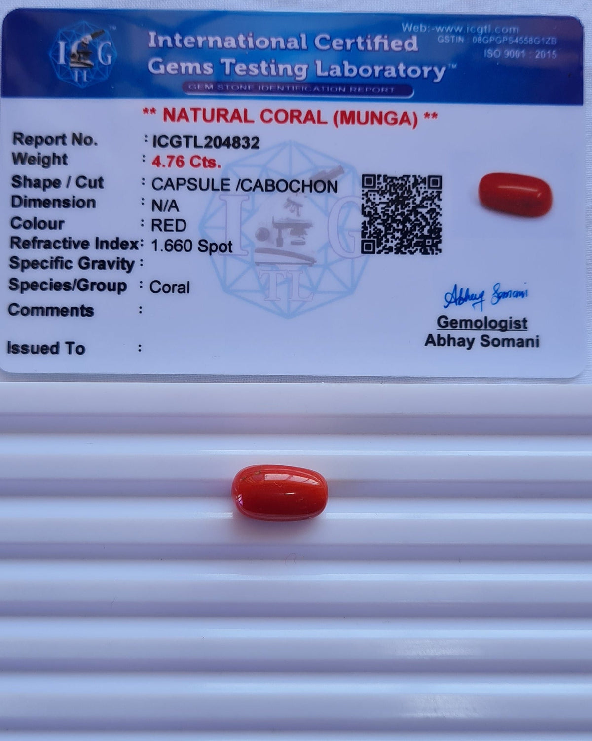 Natural Coral (मूंगा) — ratti 5.18, Untreated, Unheated | RC-4832