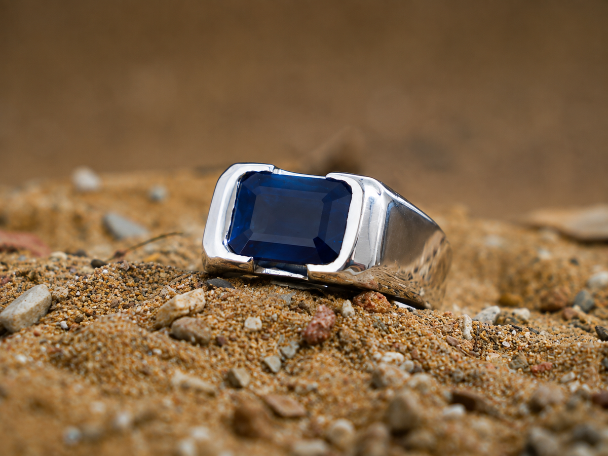 Natural Blue Sapphire Neelam Skin-Touch Rashi Ratna Ring in 925 Silver, featuring a rectangular signet design and handcrafted gemstone setting by Moraebi.