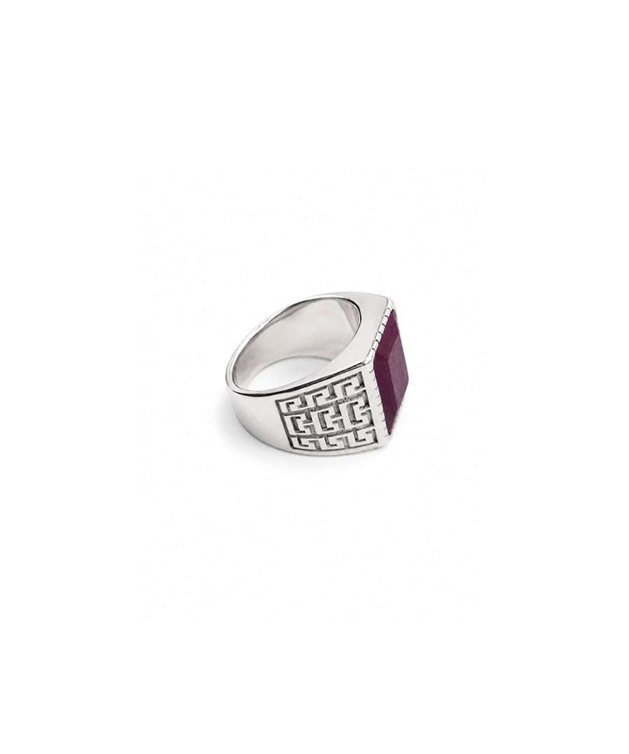 925 Silver Ruby Manik Ring with Intricate Textured Side Design